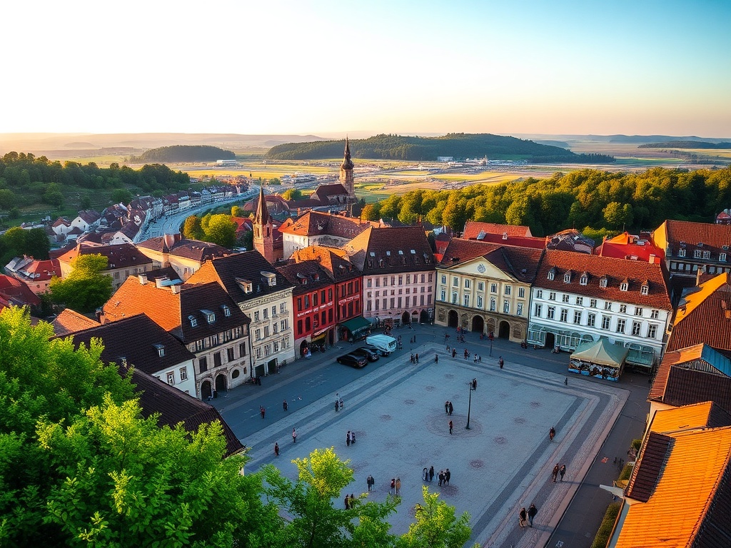 Widok na Rynek w Bochni podczas słonecznego dnia, z zabytkowymi kamienicami i ratuszem.